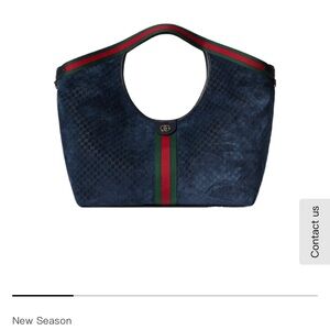 Gucci Navy Suede Tote with Red and Green Web Stripe